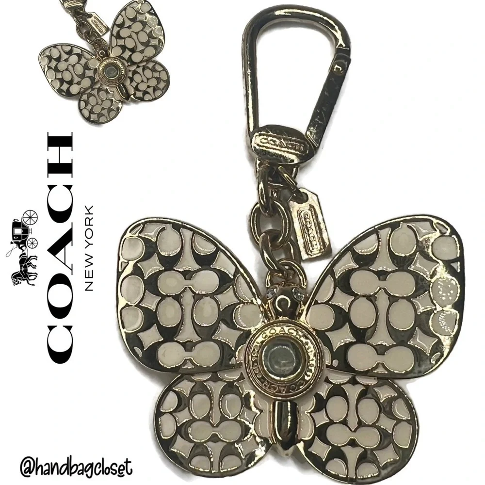 Coach Butterfly White and Gold Enamel Metal Keychain Fob Charm Rare